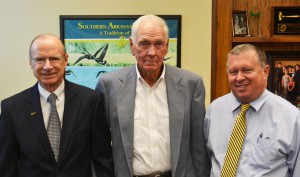 Southern Arkansas University President Dr. David Rankin, Ted Monroe, Sr., and People’s Bank Professor of Finance Dr. David Ashby pose for a photo after a recent meeting to discuss the farm land.