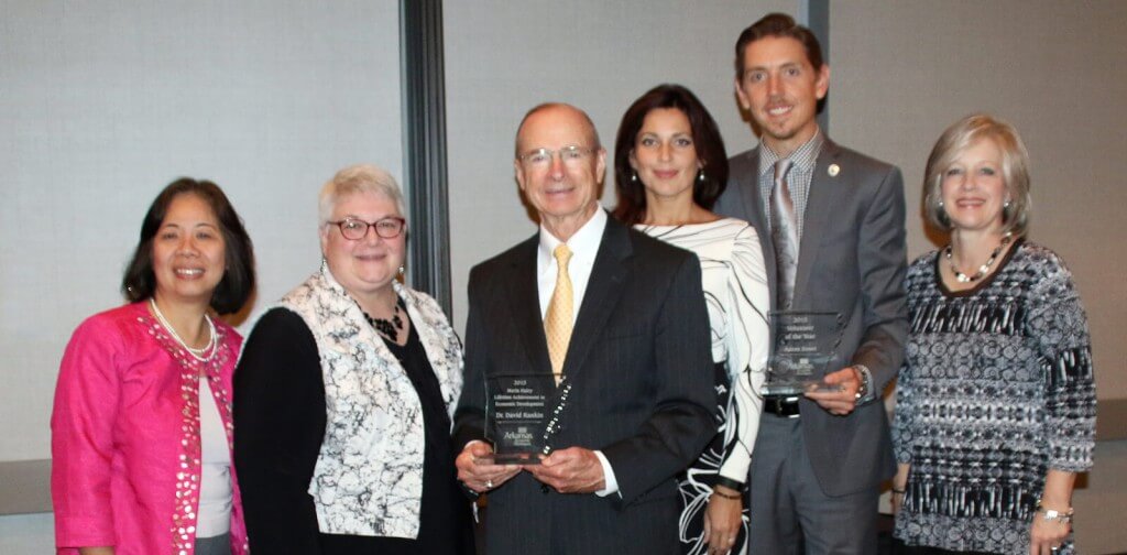 The Arkansas Economic Development Commission honored Dr. David Rankin, third from left, with a lifetime leadership award and Viktoriya and Aaron Street, fourth and fifth from the left, with a volunteer award at the AEDC’s annual awards luncheon. Pictured from left, Chung Tan, an SAU alum and the Fayetteville Chamber of Commerce Director of Economic Development; Deana Taylor of SAU and Making Magnolia Blossom; Rankin and the Streets; and Cammie Hambrice, executive director of the Magnolia Economic Development Corporation.