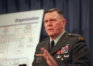 011218-D-9880W-146 Gen. John Keane, U.S. Army, vice chief of staff, briefs Pentagon reporters on some of the proposed changes to the headquarters organization of the U.S. Army. The Dec. 18, 2001, briefing highlighted the efforts by both the Army and Air Force to comply with the management imperatives laid down in a speech made by Secretary of Defense Donald Rumsfeld on the day before the Sept. 11th terrorist attacks against the United States. (Released)