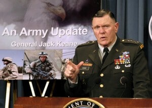 030723-D-9880W-061 Acting Army Chief of Staff Gen. John M. Keane briefs reporters on how the U.S. Army is organizing to rotate forces supporting Operation Iraqi Freedom during a Pentagon press briefing on July 23, 2003. DoD photo by R.D. Ward. (Released)