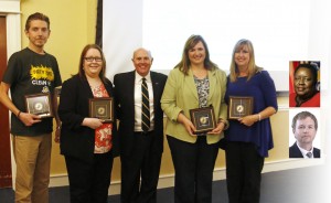 Six staff members were honored with the Spirit of SAU Award, presented by SAU President Dr. Trey Berry. Pictured, from left, are Aaron Street, Jennifer Rowsam, Berry, Sarah Jennings, Shelly Whaley, and not present were Eunice Walker and Del Duke. 